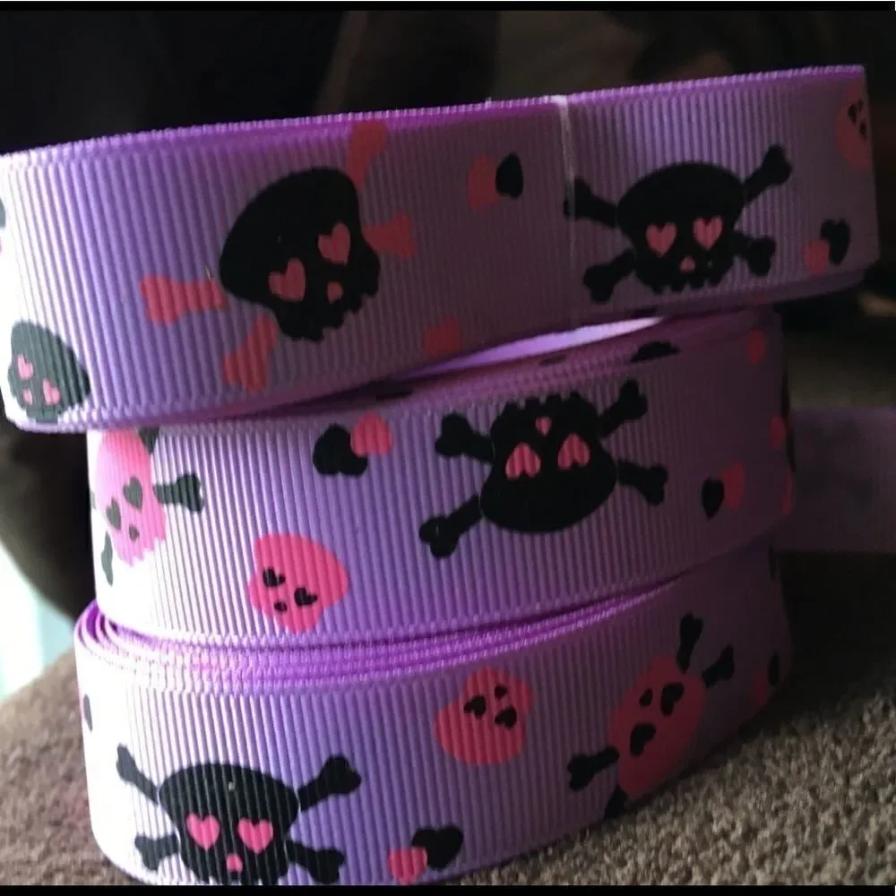 5/$20 grosgrain Ribbon 7/8” 5 yards skulls purple